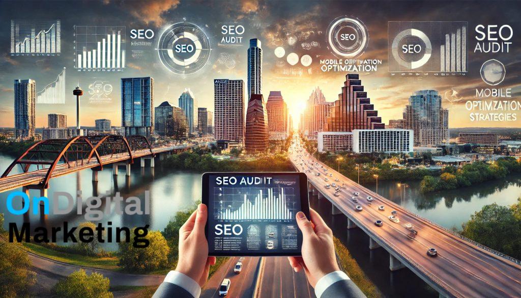 Panoramic view of Austin skyline with SEO audit and mobile optimization strategies